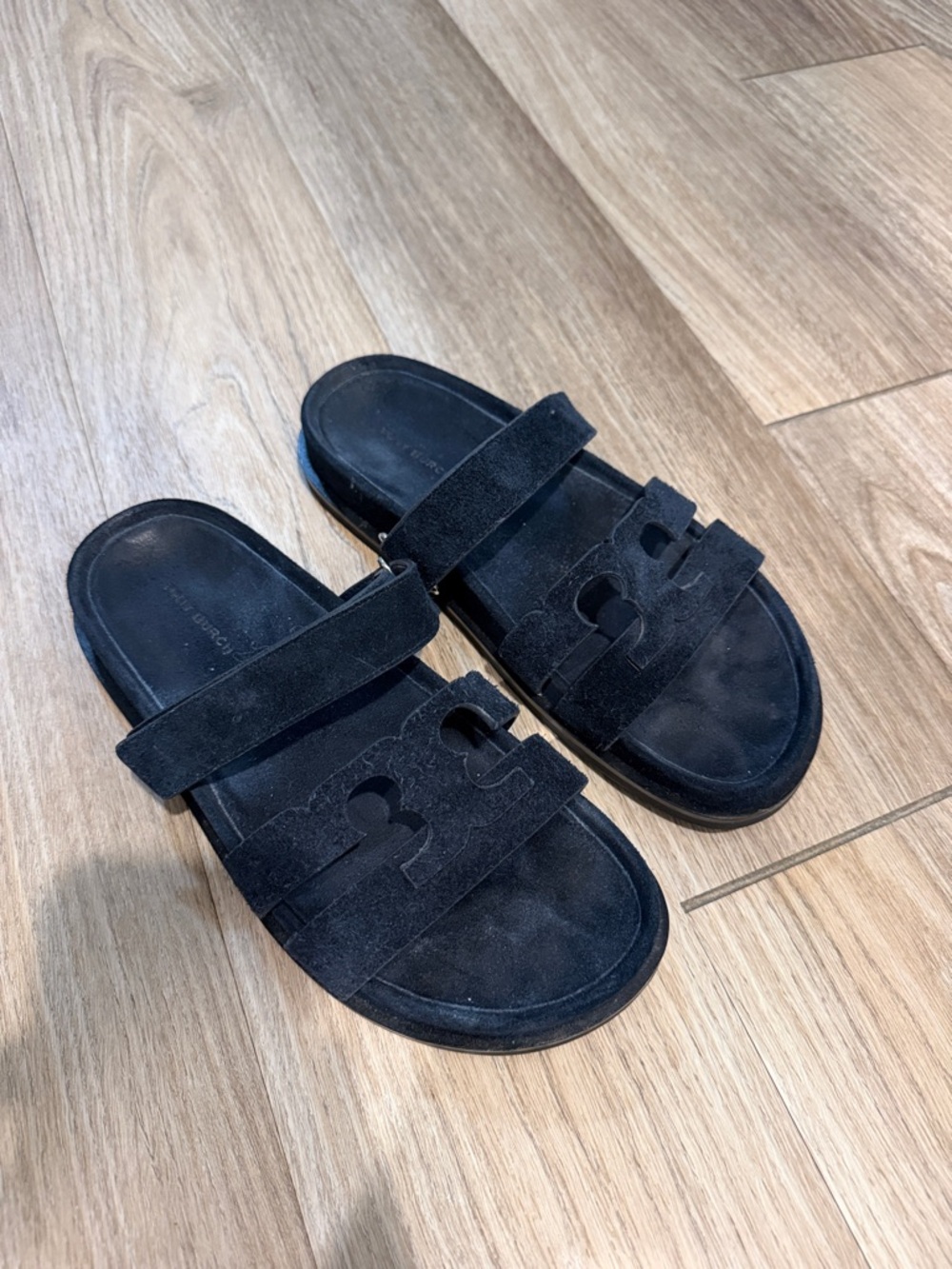 Tory Burch Black Suede Double-Strap Slide Sandals